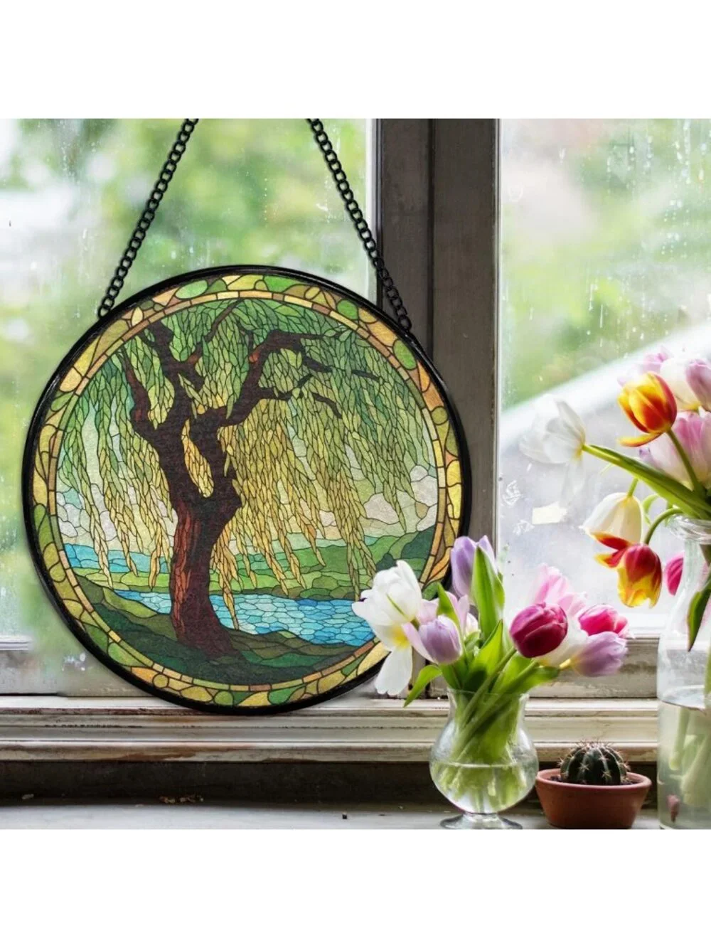 Stained Glass Suncatcher - Weeping Willow Window Art, Nature Decor, 7.9